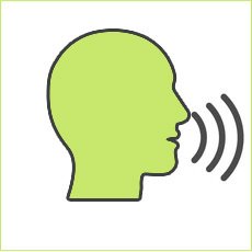 Icon of a person speaking, with sound waves coming from the mouth